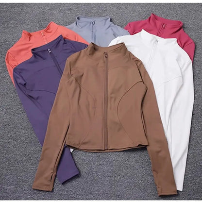 Fashion Zipper Sports Jacket Women's Long Sleeve Running Fitness Tight Top Solid Yoga Quick Drying Coat Casual Simple Clothing