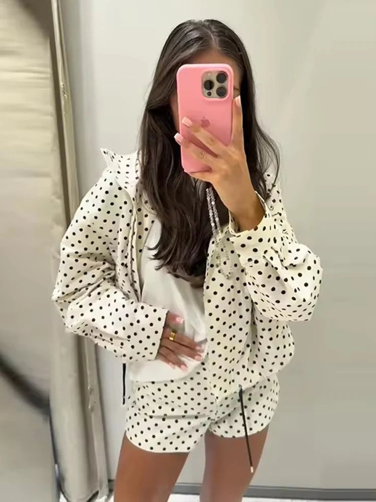 Polka Dot Print Short Coats Women's High Street Long Sleeve Jackets for Women 2026 Elegant Office Ladies Casual Outerwear