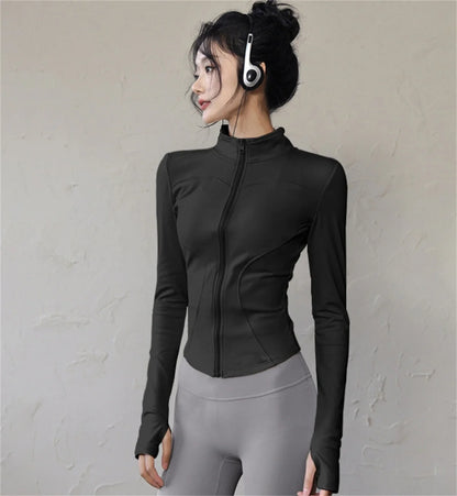 Fashion Zipper Sports Jacket Women's Long Sleeve Running Fitness Tight Top Solid Yoga Quick Drying Coat Casual Simple Clothing